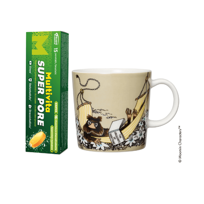 Moomin Arabia Piisamirotta -muki ja Multivita Super pore Orionin kerailylahjana - Rotuaarin apteekki                            